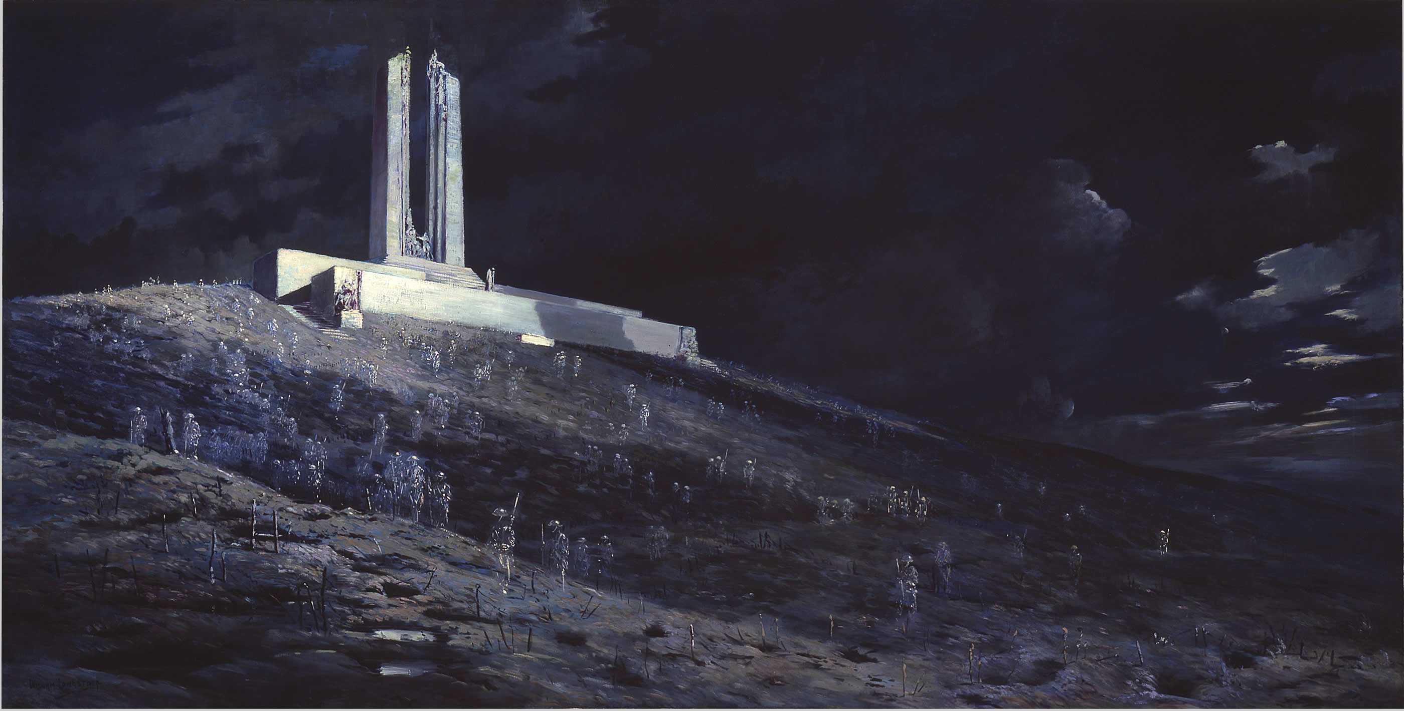 The painting is dark, the focal point through light and positioning is the bright, white Vimy monument pillars at the top of the hill. Below, ghostly images of soldiers roam the land surrounding the monument.